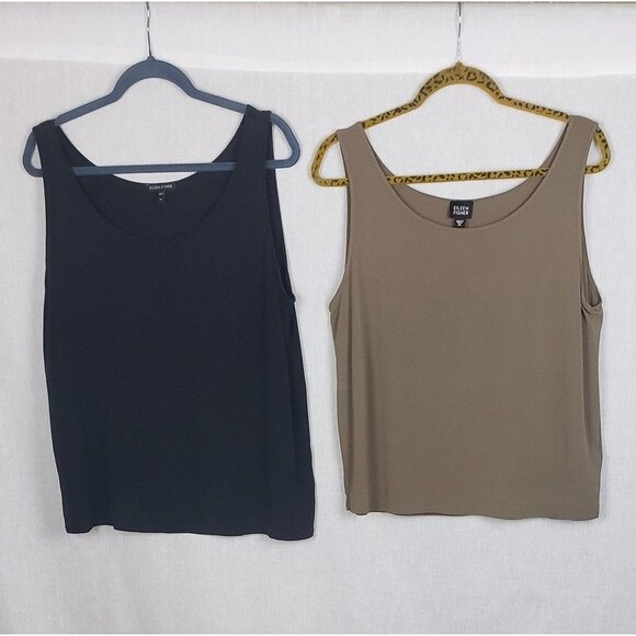 Eileen Fisher Tank Tops XL 100% Silk Lot of 2 Black Tan Casual Quiet Luxury Work - Picture 1 of 14